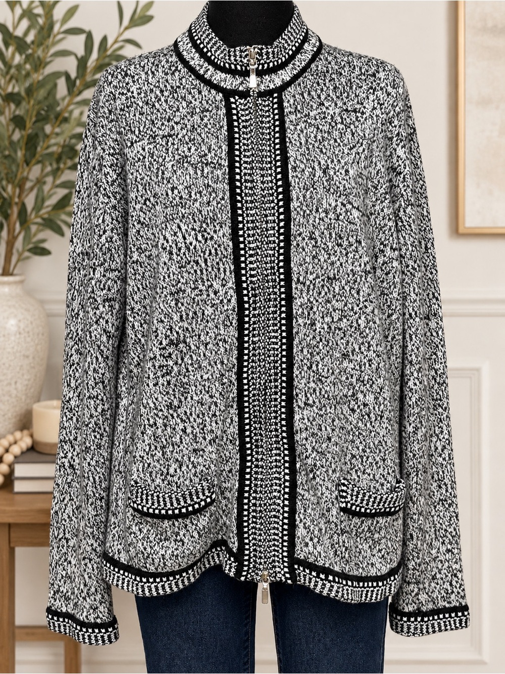 Chadwick’s XL Black White Cotton Knit Cardigan Jacket Made in Japan Zip Front
